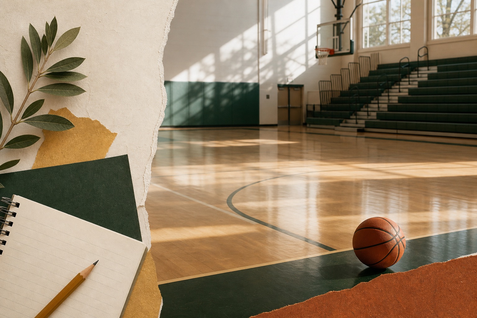 An empty school gym with a basketball and notebook arranged in a restrained editorial collage.