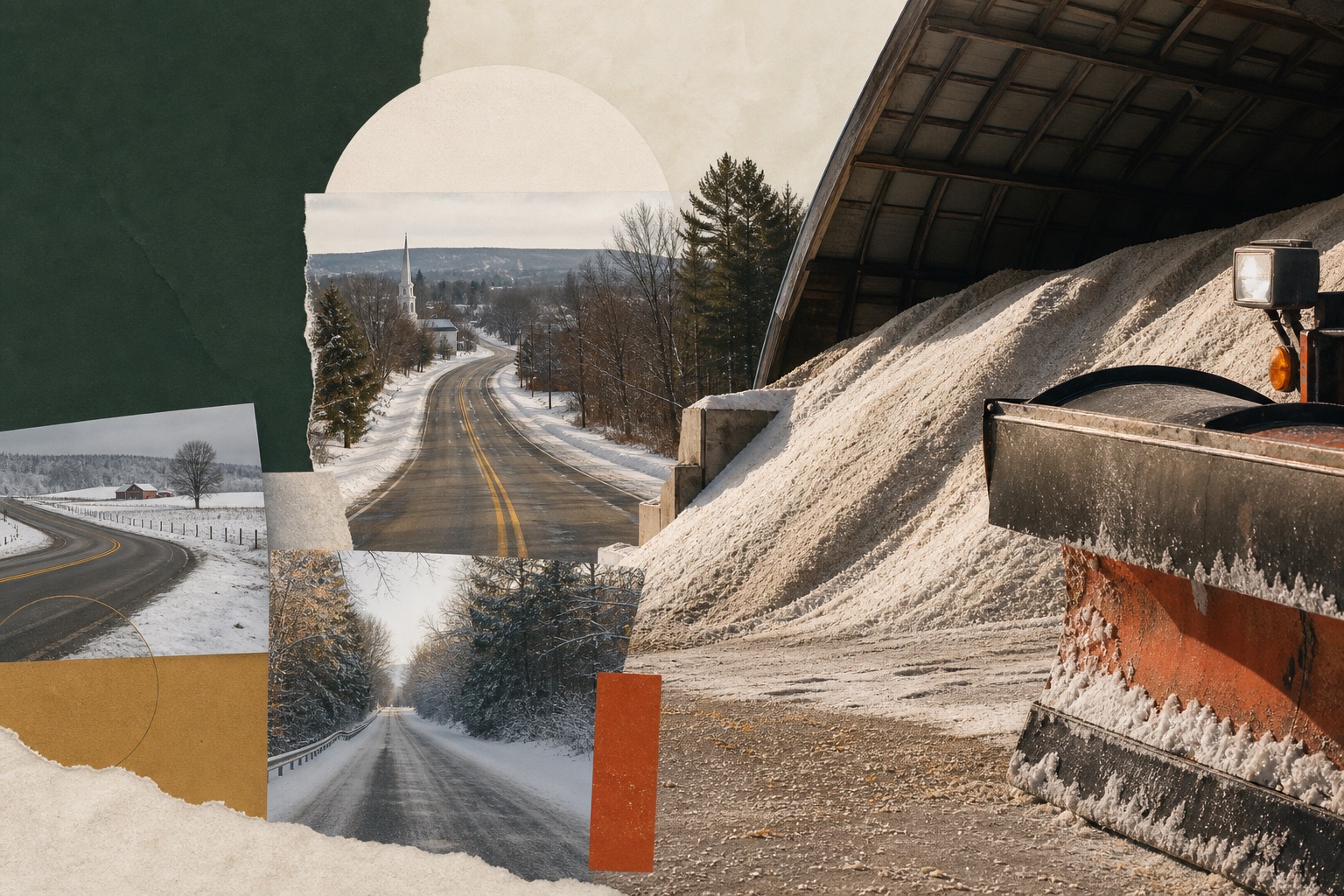 A snowplow, a municipal salt pile, and several winter roads arranged in an editorial collage.